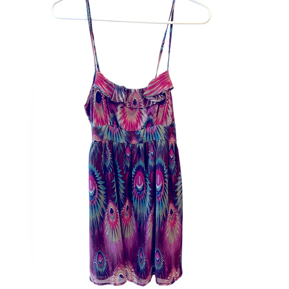 Purple/Pink Peacock Feathers Ruffled Spaghetti Strap Mini Dress by XXI. Size = S